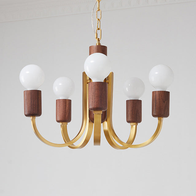 Contemporary Vintage Curved Rod Cylinder Candlestick Shape Copper Wood 3/4/5 Light Chandelier For Living Room