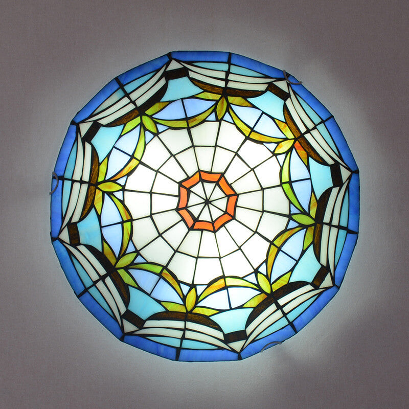 European Stained Glass Tiffany Round Various Pattern Designs 2/3 Light Flush Mount Light