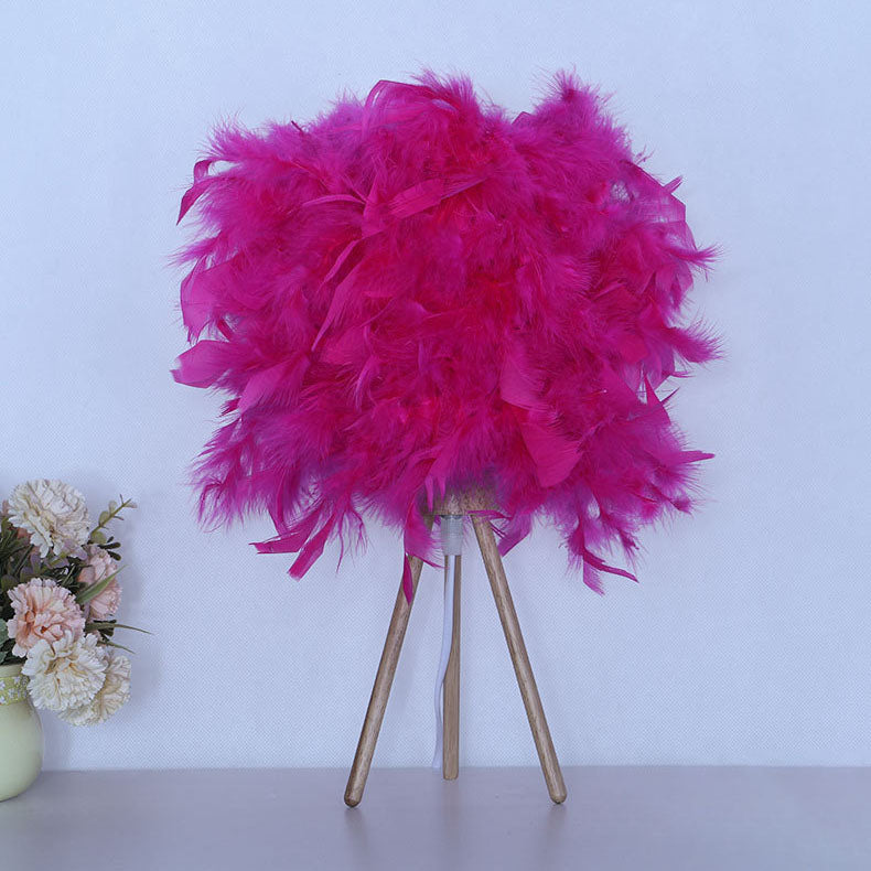 Modern Art Deco Feather Wood Cylinder Triangle Base 1-Light Table Lamp For Bedside