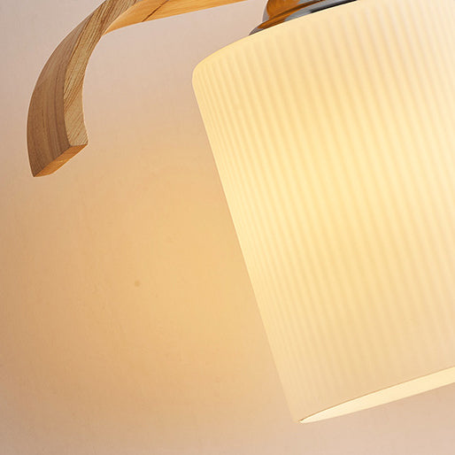Contemporary Scandinavian Long Cylinder Glass Wood 4-Light Island Light Chandelier For Living Room