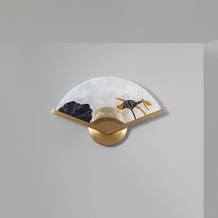 Modern Chinese Glass Folding Fan Shaped Brass LED Wall Sconce Lamp