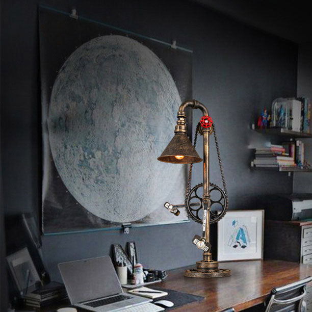 Industrial Vintage Iron Gear Plumbing Metal 1-Light Table Lamp