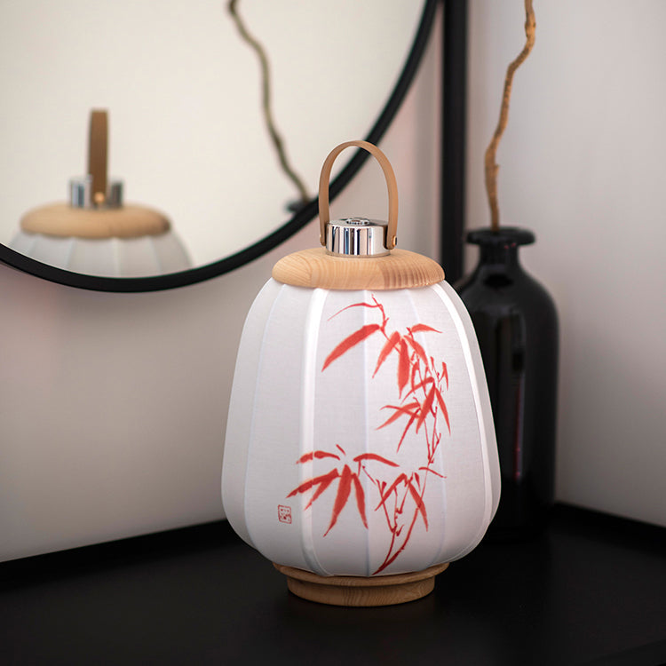 Traditional Chinese Leather Wood Stainless Steel Fabric Flower Bamboo Leaf Rechargeable LED Hanging Table Lamp For Bedside
