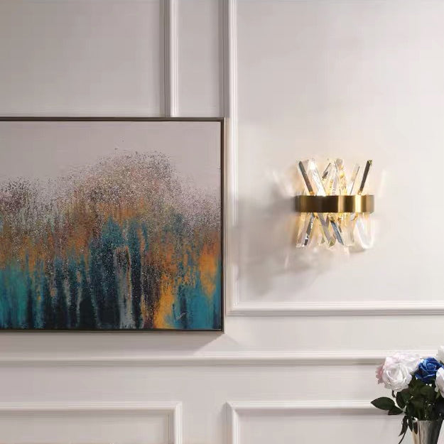 Modern Luxury Half Cylinder Stainless Steel Crystal 2-Light Wall Sconce Lamp For Bedroom