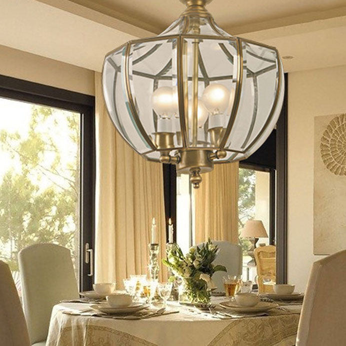 European Luxury Brass Glass Cage 3-Light Chandelier