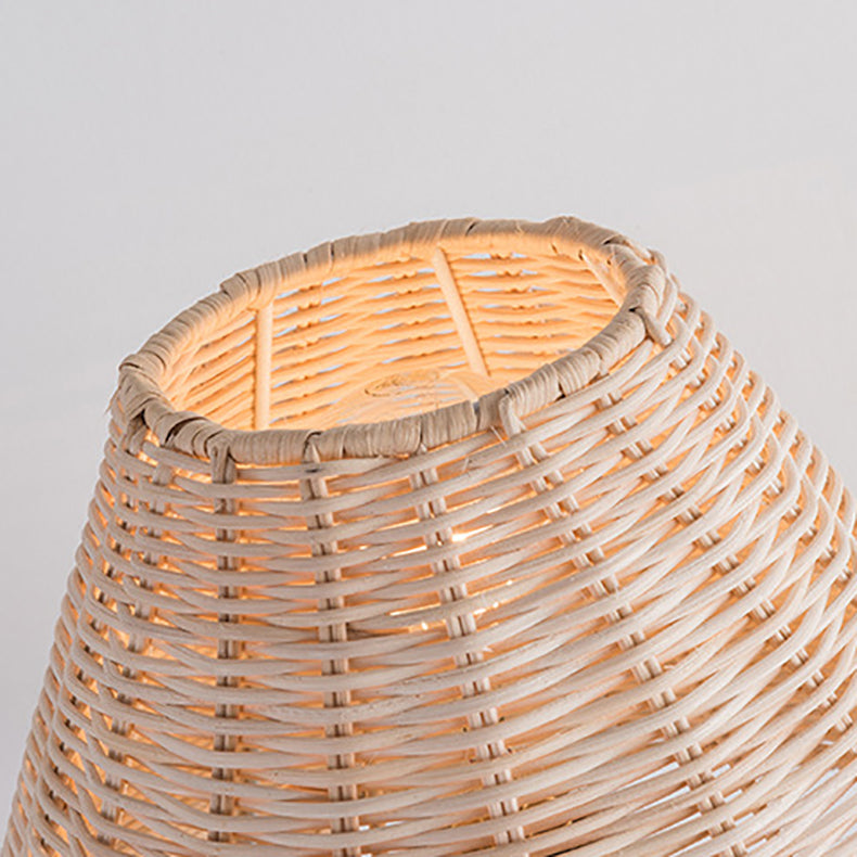 Contemporary Boho Round Trapezoidal Cylinder Base Rattan Metal 1-Light Table Lamp For Bedroom