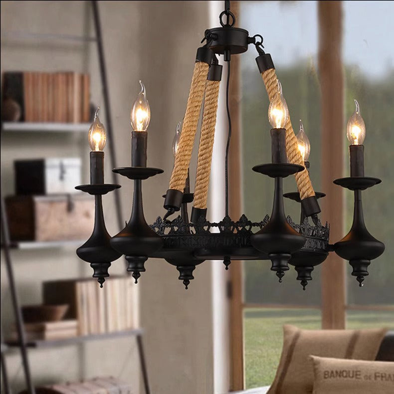 Traditional Vintage Round Candelabra Iron Hemp Rope 3/6/8 Light Chandelier For Living Room