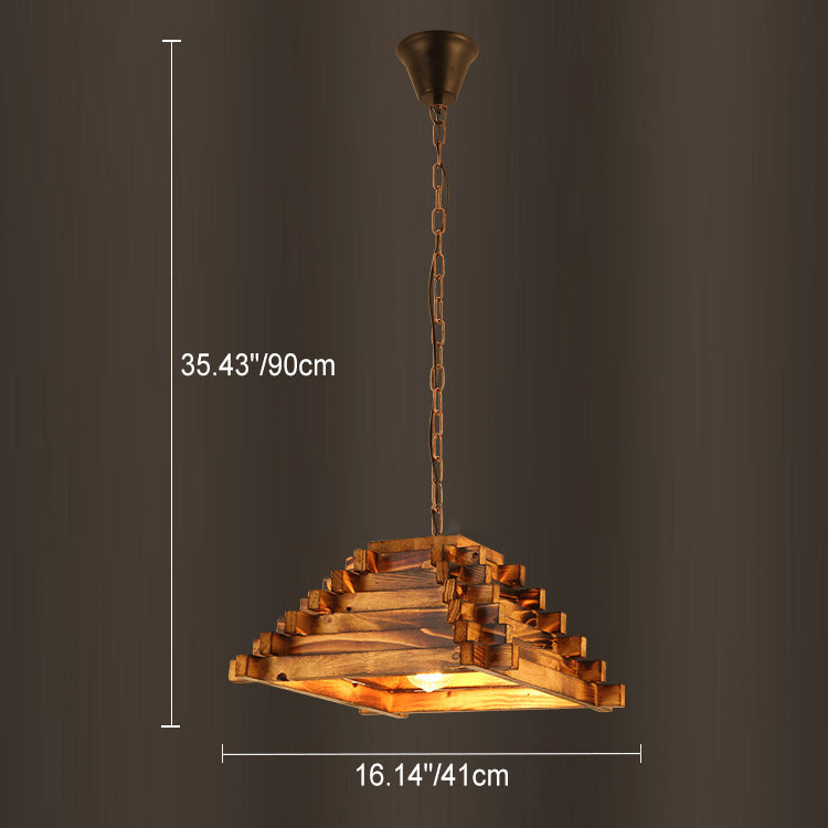 Traditional Rustic Wood Trapezoidal Shade Iron Chain 1-Light Pendant Light For Dining Room