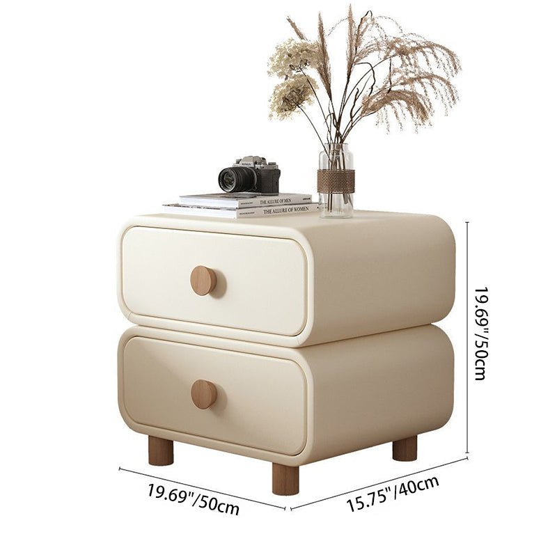 Contemporary Scandinavian Square Tabletop Solid Wood Faux Leather Stainless Steel Nightstand 2-Drawer For Bedroom