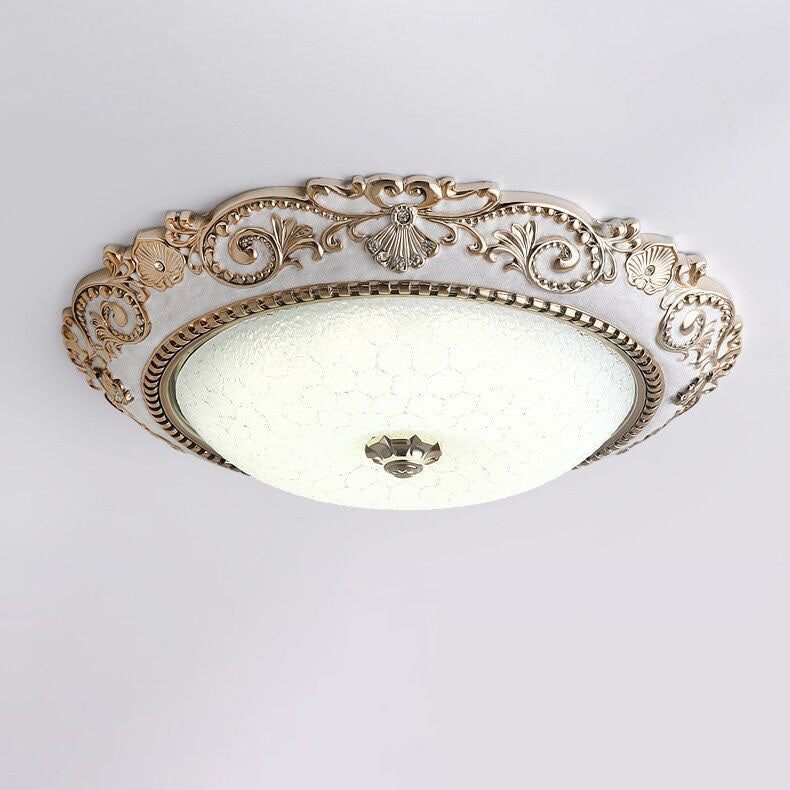 European Retro Round Carved Lace Resin Glass LED Flush Mount Ceiling Light