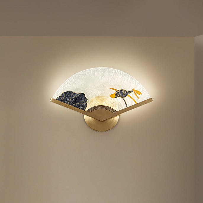 Modern Chinese Glass Folding Fan Shaped Brass LED Wall Sconce Lamp