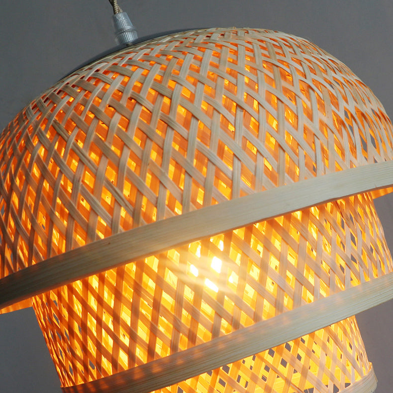Traditional Chinese Bamboo Woven Cylinder 1-Light Pendant Light For Dining Room