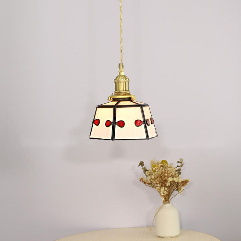 Vintage Stained Glass Geometric Cone Copper 1-Light Pendant Light