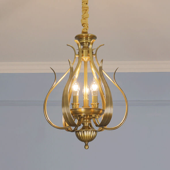 Contemporary Vintage Branch Leaf Cage Full Copper 3-Light Pendant Light For Living Room