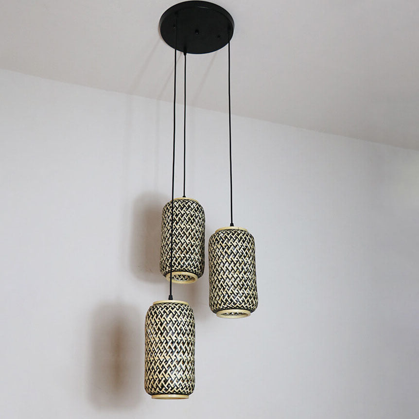 モダンミニマリストラタン編みコラム3灯アイランドライトシャンデリア