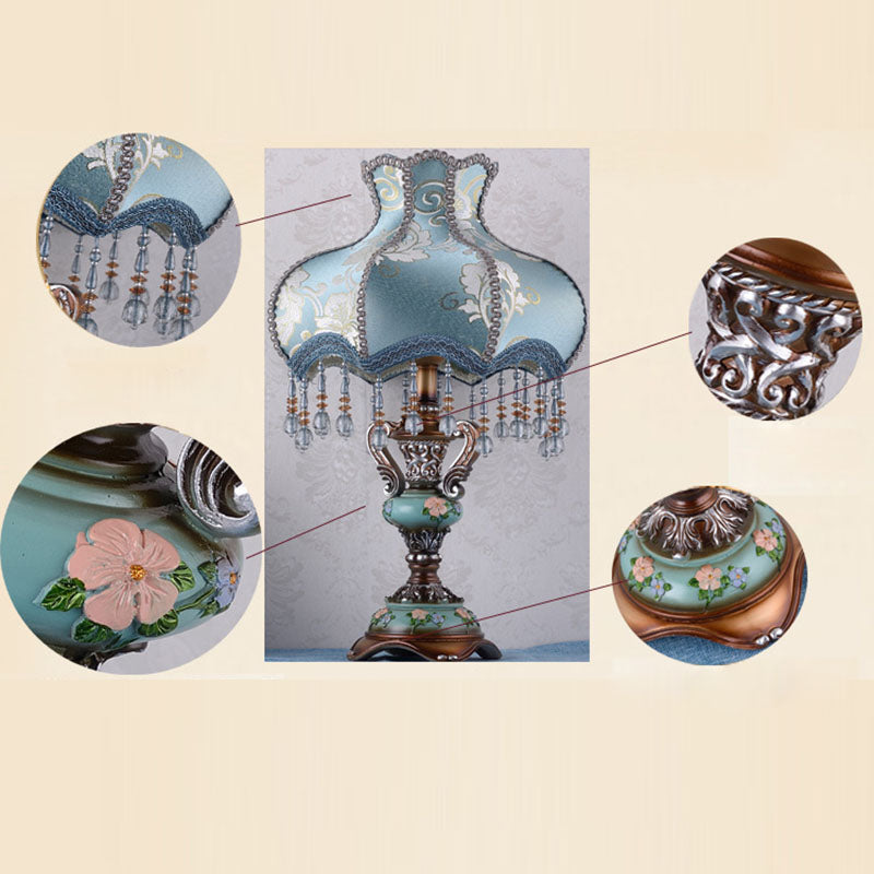 Traditional European Blue Fabric Tassel Resin 1-Light Table Lamp For Bedroom
