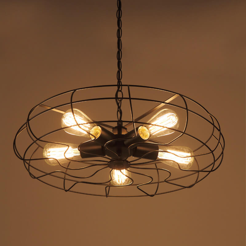 Retro Wrought Iron 5-Light Openwork Fan Cage Drum Chandeliers