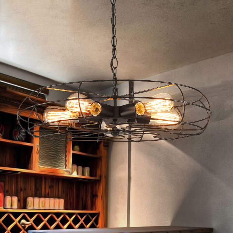 Retro Wrought Iron 5-Light Openwork Fan Cage Drum Chandeliers