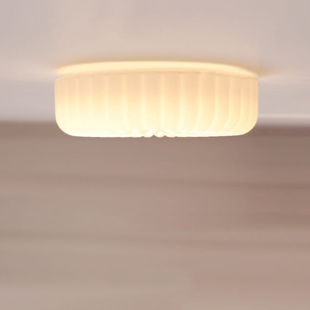 French Minimalist Cream Textured Glass Round LED Flush Mount Ceiling Light