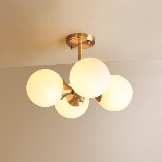 Modern Mid-Century Gold Finish Frame Glass Globe Ball 4-Light Chandelier For Living Room