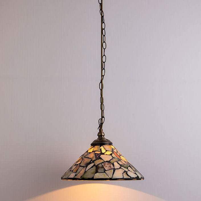 European Vintage Jade Stained Glass Cone Brass 1-Light Pendant Light