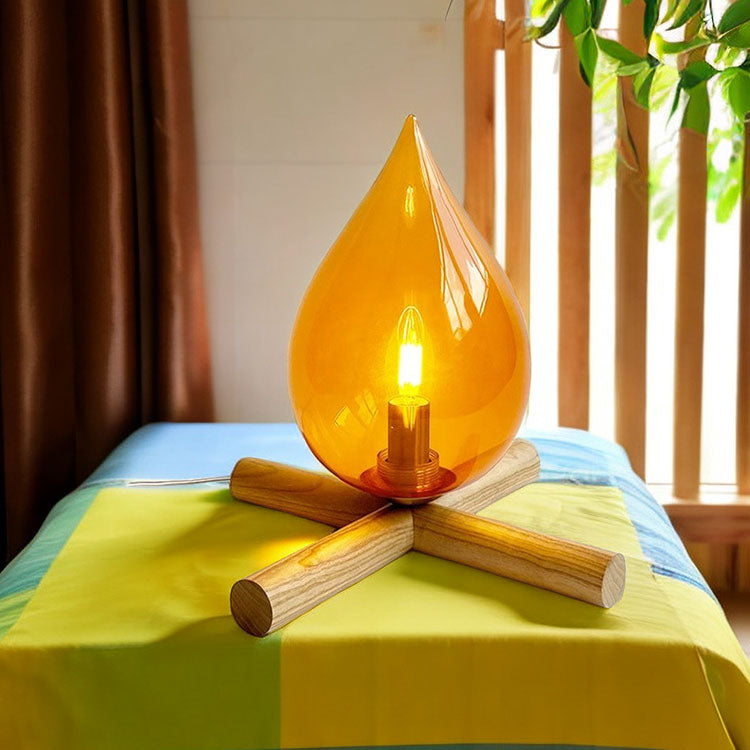 Modern Art Deco Fire Wood Glass 1-Light Table Lamp For Living Room