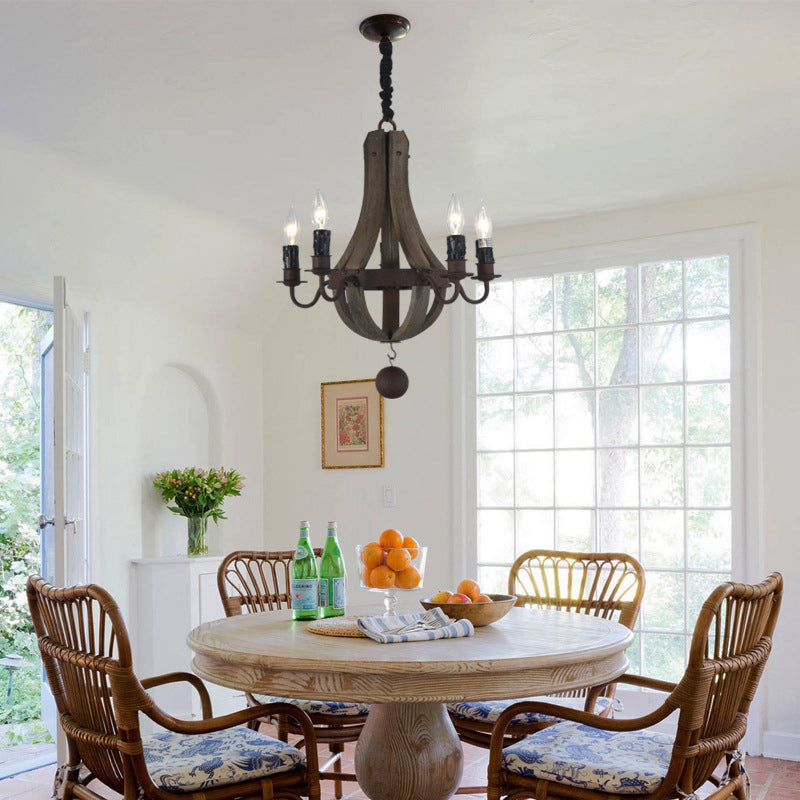 Traditional Rustic Round Branch Candle Holder Wooden Iron 5/6/8 Light Chandelier For Living Room