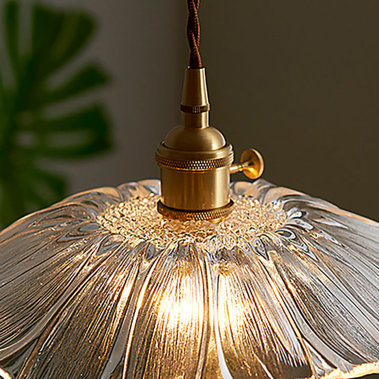 Traditional Vintage Brass Lotus Leaf Glass Shade 1-Light Pendant Light For Living Room