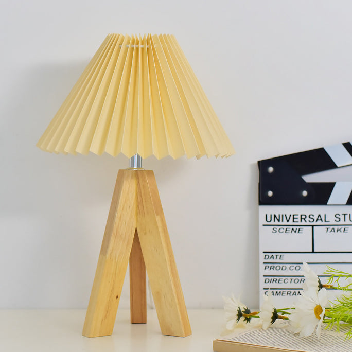 Contemporary Boho Round Cone Tripod Base Fabric Solid Wood LED Table Lamp for Bedroom