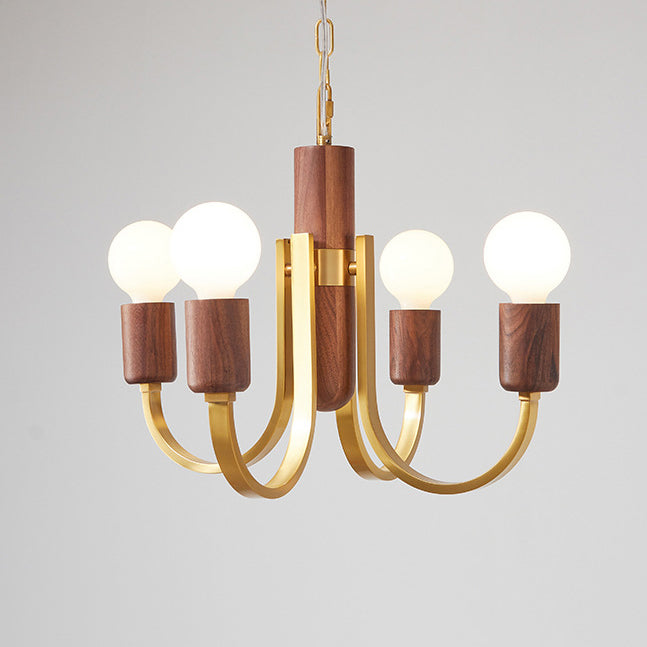 Contemporary Vintage Curved Rod Cylinder Candlestick Shape Copper Wood 3/4/5 Light Chandelier For Living Room
