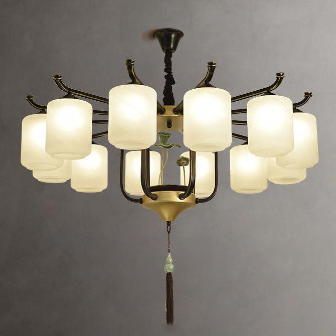 Traditional Chinese Iron Frame Cylinder Glass Shade 6/8/10/12-Light Chandelier For Living Room