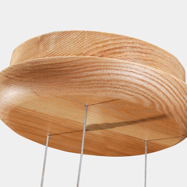 Contemporary Scandinavian Round Flying Saucer Wood Glass LED Chandelier For Living Room