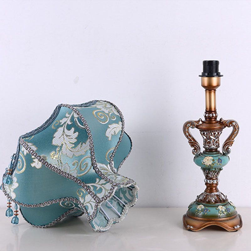 Traditional European Blue Fabric Tassel Resin 1-Light Table Lamp For Bedroom