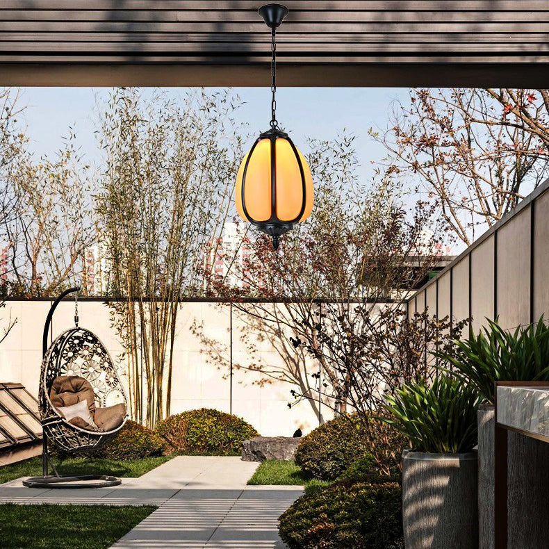 Traditional Chinese Waterproof Aluminum PC Dolomite Elliptical Pumpkin 1-Light Pendant Light For Ourdoor Patio