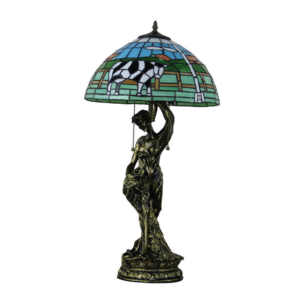 Traditional Tiffany Resin Glass Dome Grape Cow Diamond Pretty Woman Base 2-Light Table Lamp For Bedside