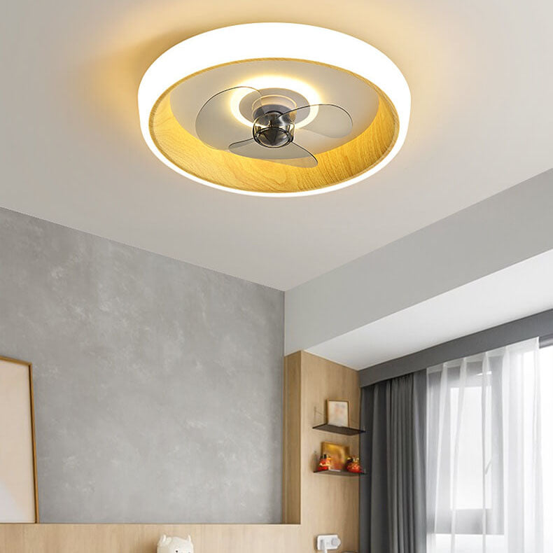 Nordic Minimalist Round Acrylic Wood Grain LED Flush Mount Ceiling Fan Light