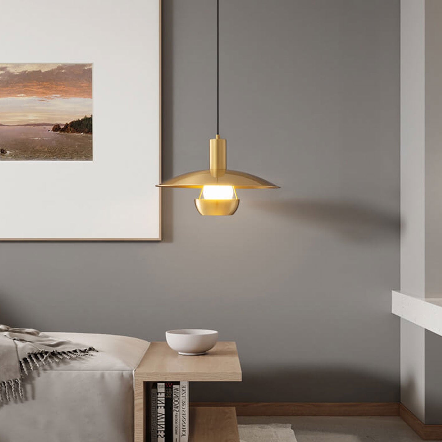 مصباح معلق بسيط من النحاس بالكامل على شكل صحن طائر، مزود بمصباح واحد