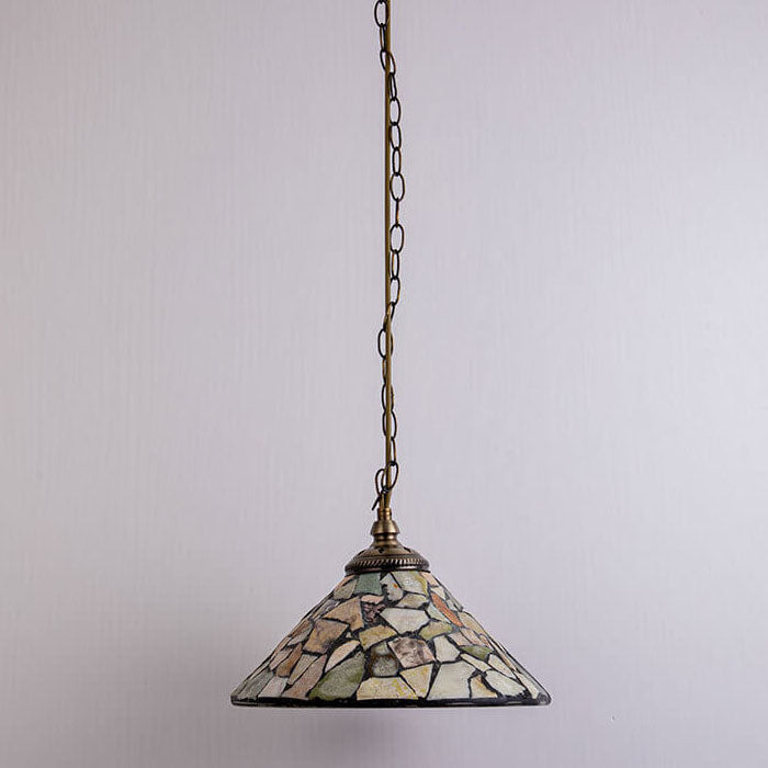 European Vintage Jade Stained Glass Cone Brass 1-Light Pendant Light