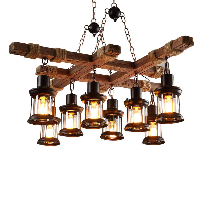 Retro Iron Rope Wooden 8-Light Hanging Chandeliers