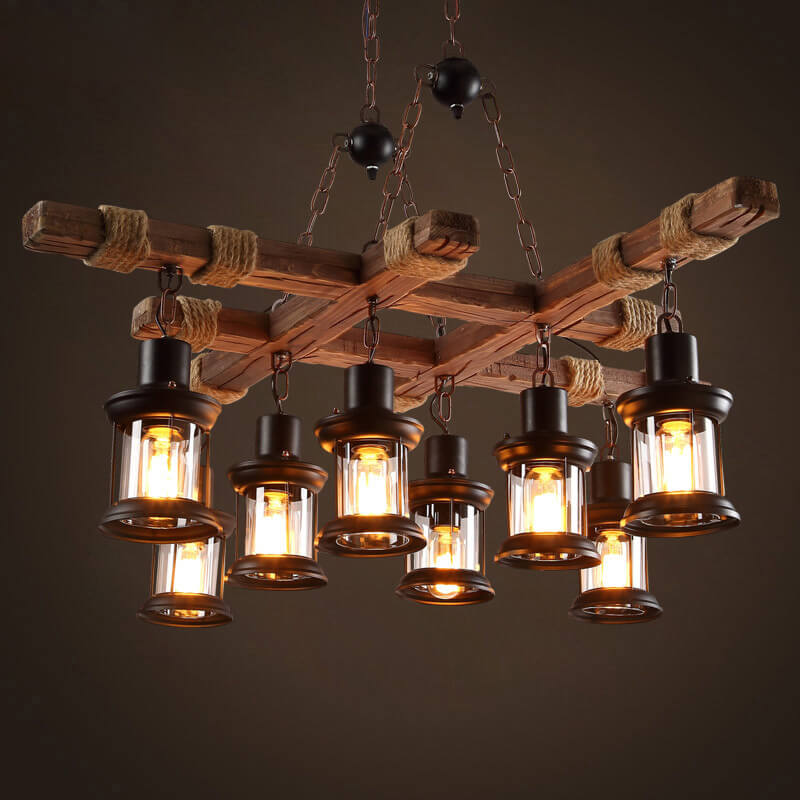 Retro Iron Rope Wooden 8-Light Hanging Chandeliers