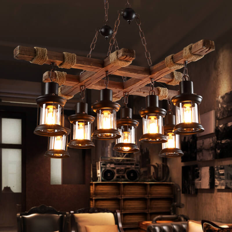 Retro Iron Rope Wooden 8-Light Hanging Chandeliers