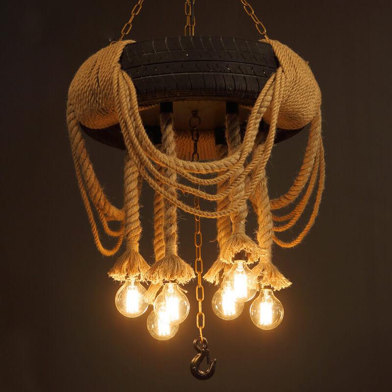 Vintage Industrial Hemp Rope Black Tire 6-Light Chandelier