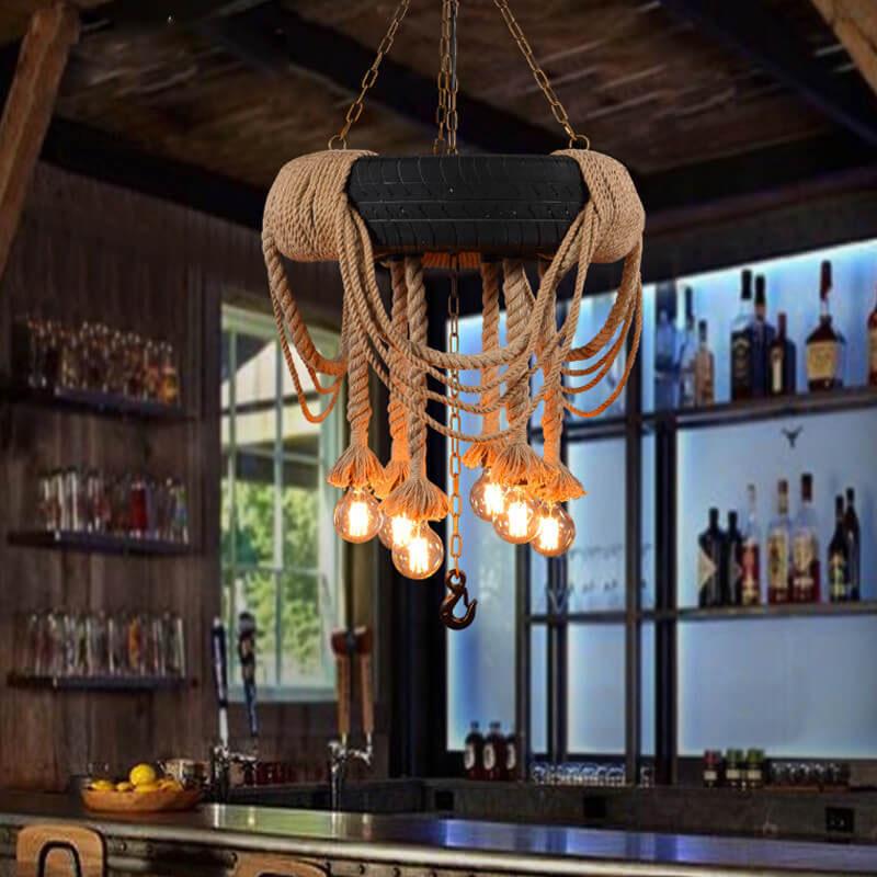 Vintage Industrial Hemp Rope Black Tire 6-Light Chandelier