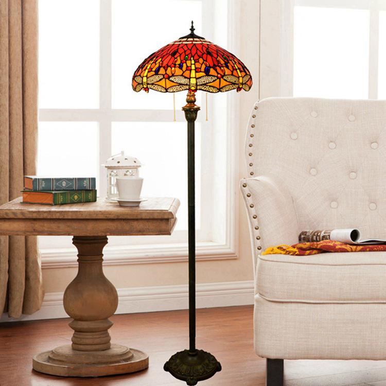 Vintage Tiffany Stained Glass Red Dragonfly 2-Light Standing Floor Lamp