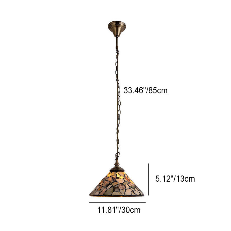 European Vintage Jade Stained Glass Cone Brass 1-Light Pendant Light