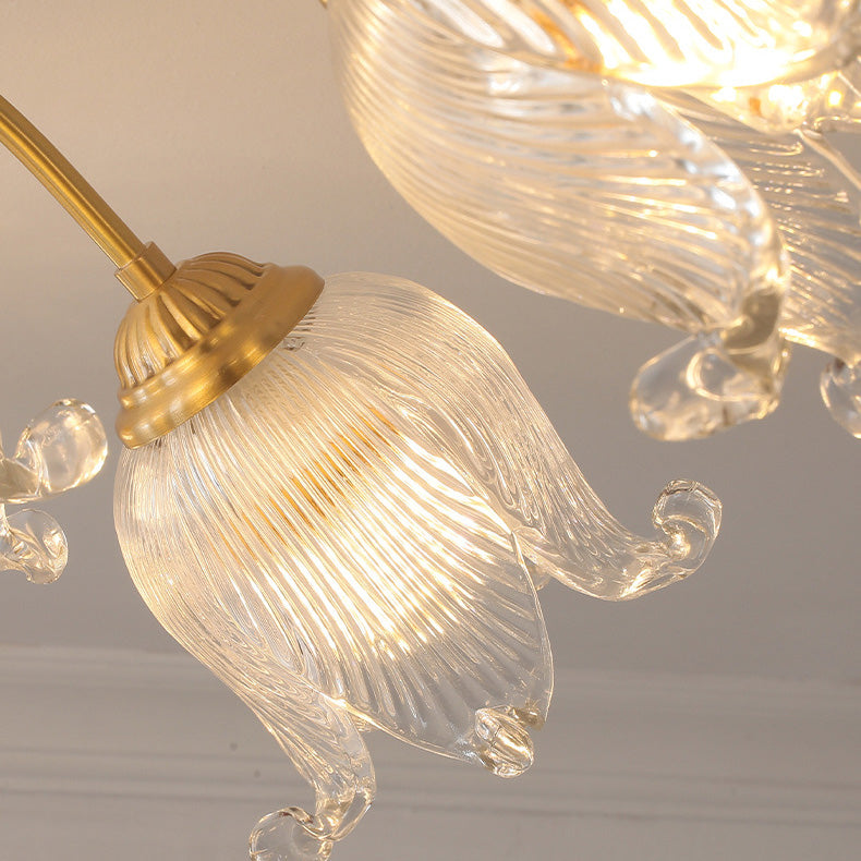 Traditional European Copper Glass Flower 5/12/15 Light Semi-Flush Mount Ceiling Light For Living Room