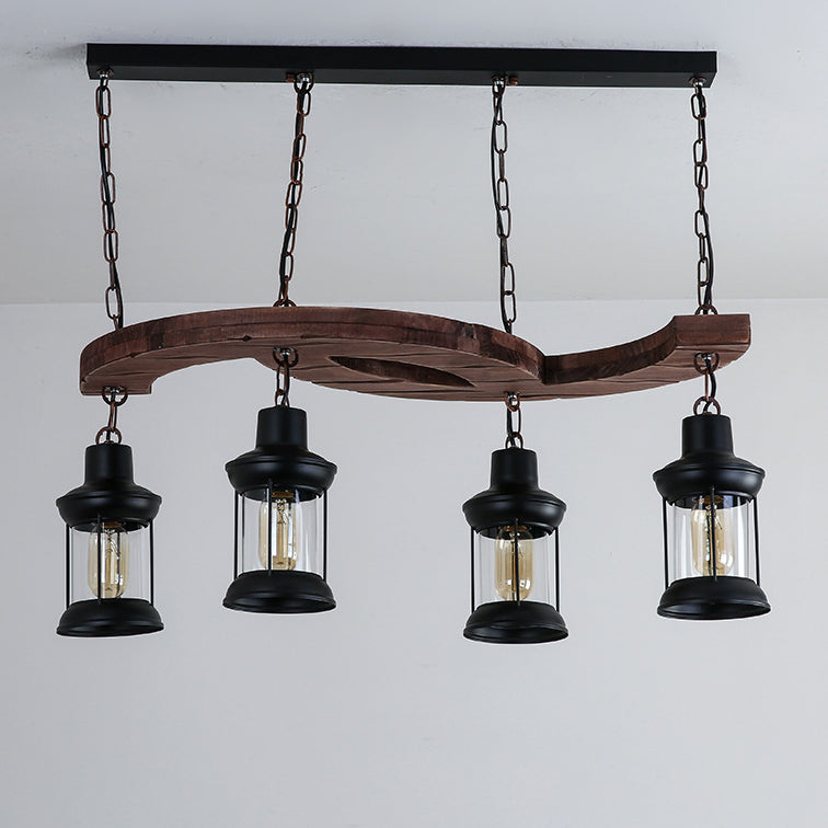 Traditional Japanese Wood Double Moon Design Iron Glass Bottle Shade 4-Light Island Light Chandelier For Dining Room
