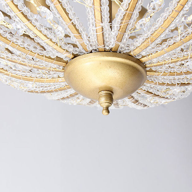 French Luxury Crystal Bead Strings Bowl Gold Iron 5-Light Semi-Flush Mount Ceiling Light