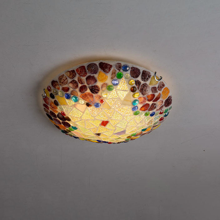 European Rustic Tiffany Hardware Glass Shell 1-Light Flush Mount Lighting