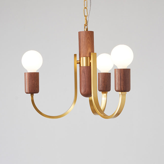 Contemporary Vintage Curved Rod Cylinder Candlestick Shape Copper Wood 3/4/5 Light Chandelier For Living Room